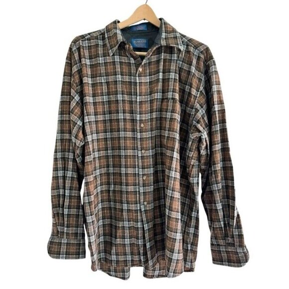 Vintage Pendleton Mens Sz XL Brown Gray Plaid 100% Wool Button Up Long Slv Shirt - Picture 1 of 9